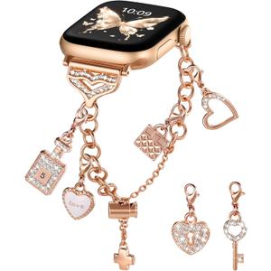 DaQin Stylish Metal Band for Apple Watch Bands Women 40mm 41mm 42mm 44mm 45mm 46mm 38mm, Bling Dressy Apple Watch Band Charms Bracelet Designer Strap for iWatch Series 11 10 9 8 7 6 5 4 3 2 1 SE (Rose Gold- Perfume)