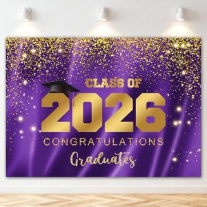Mocsicka 2026 Graduation Party Backdrop Class of 2026 Purple Gold Glitter Background Congratulations Graduates Party Decoration Banner Photo Booth Props (10x7ft)