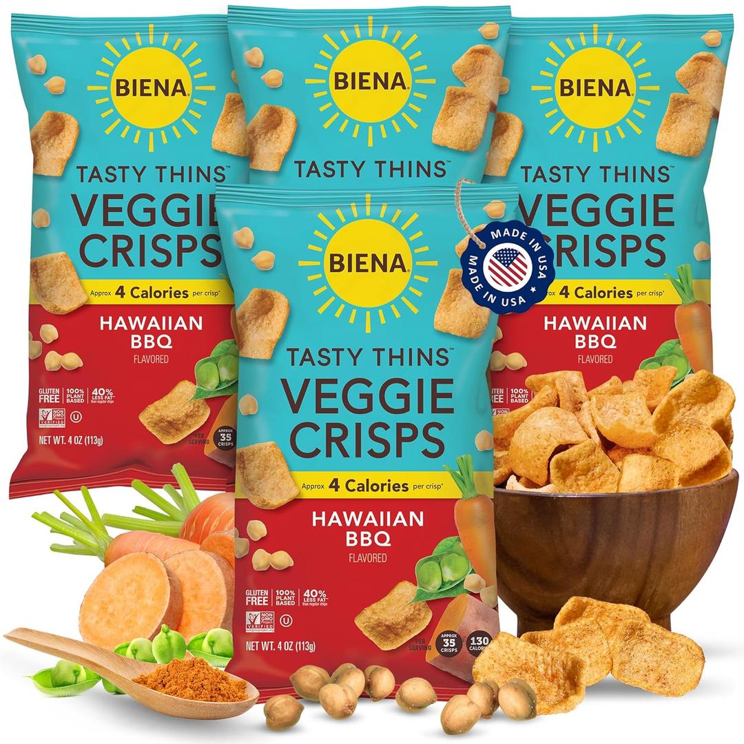 BIENA Tasty Thins Veggie Crisps – Hawaiian BBQ, 4-Pack, 4 oz Bags – Chickpeas & Veggies, Vegan, Gluten Free, Dairy-Free, Non-GMO, Allergy-Friendly, Healthy Snacks for Adults and Kids BIENA Tasty Thins Veggie Crisps – Hawaiian BBQ, 4-Pack, 4 oz Bags – Chickpeas & Veggies, Vegan, Gluten Free, Dairy-Free, Non-GMO, Allergy-Friendly, Healthy Snacks for Adults and Kids