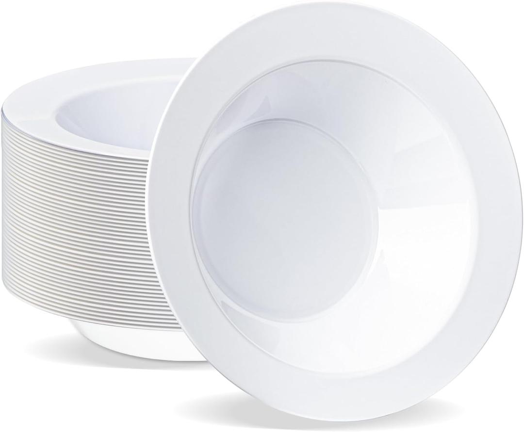 BESTVIP 50Pcs Plastic White Bowls, 12 Oz Disposable Bowls Disposable Bowls for Parties, Wedding, Christmas, Soak Proof Bowls for Breakfast, Lunch, and Dinner Meals