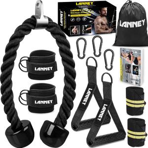 Tricep Rope Cable Machine Attachment, 35" Triceps Pull Down Rope LAT Pulldown Attachments, Home Gym Accessories Set with Resistance Bands Handle, Ankle Straps, Carabiner, Wrist Wraps for Exercise (black)