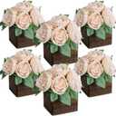 Dining Table Centerpiece Set of 6 - Pre-Made Artificial Rose with Wooden Vase Fake Floral Arrangement Faux Flower for Wedding Bridal Tea Party Event Decorations - Champagne