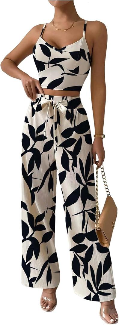 WDIRARA Women's 2 Piece Sets V Neck Crop Cami Belted Wide Leg Pants Outfits (Large, Apricot)