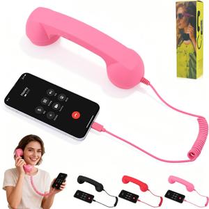 Retro Phone Handset, 2026 New Retro Style Type-C Phone Handset,Vintage Wired Plug in Handheld Cell Phone Receiver with Microphone, Suitable for Cell Mobile Video Conferences,Calls,Meetings (Pink)