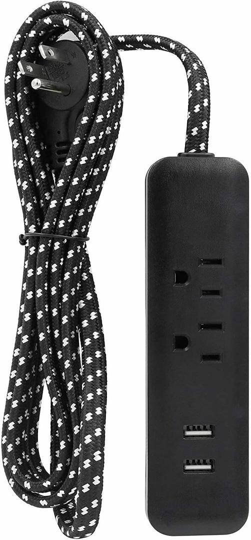 Clear Power 6 ft 2 Outlet + USB Charger Designer Fabric Indoor Flat Plug Extension Cord 16/3 SPT-2, 3 Prong Grounded Plug (Black), CP10054