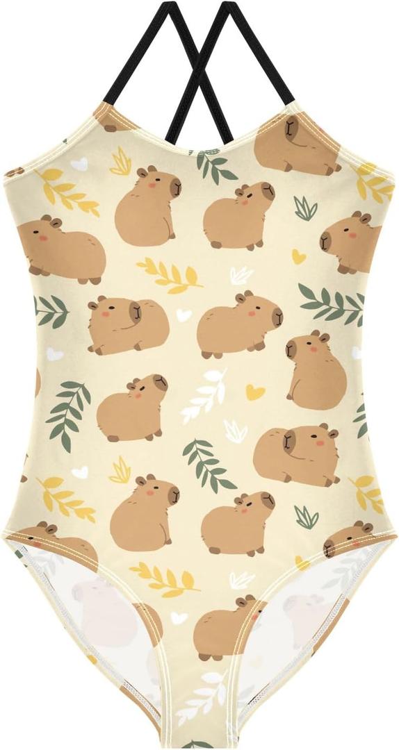 Girls One Piece Swimsuits Cute Capybara Simple Flower Yellow Pattern Cute Swimwear Bathing Suits, 9-10 Years