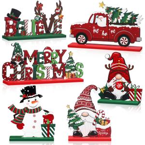 Capoda 6 Pcs Christmas Table Decorations Wooden Christmas Table Centerpieces Xmas Snowman Santa Claus Gnome Signs Merry Xmas Toppers for Holiday Party Supplies(Red, White)