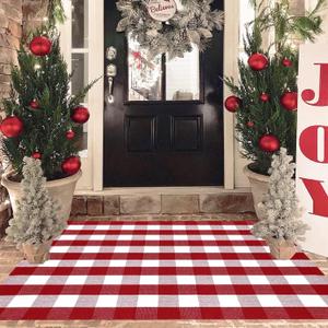 Christmas Red and White Plaid Rug, 4' x 6' Cotton Hand-Woven Layered Door Mat for Front Porch, Entryway, Outdoor Holiday Decor, Washable Buffalo Check Rug for Home, Patio, Kitchen