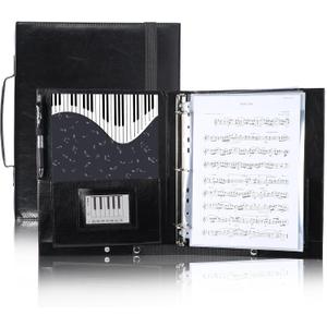 Choral Sheet Music Folder Organizer: 3 Ring Piano Music Binder with Plastic Sleeves - PU Leather Choir Folders with Hand Strap Elastic Band Fits Letter Size 8.5 x 11 inch, Black