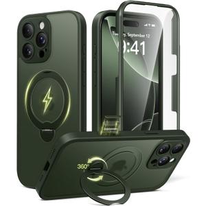 BERFY for iPhone 16 Pro Max Case, Compatible with MagSafe, Built-in 9H Tempered Glass Screen Protector and 360 Spin Magnetic Stand, Full Body Shockproof Matte Phone Case for 16 Pro Max 6.9", Green