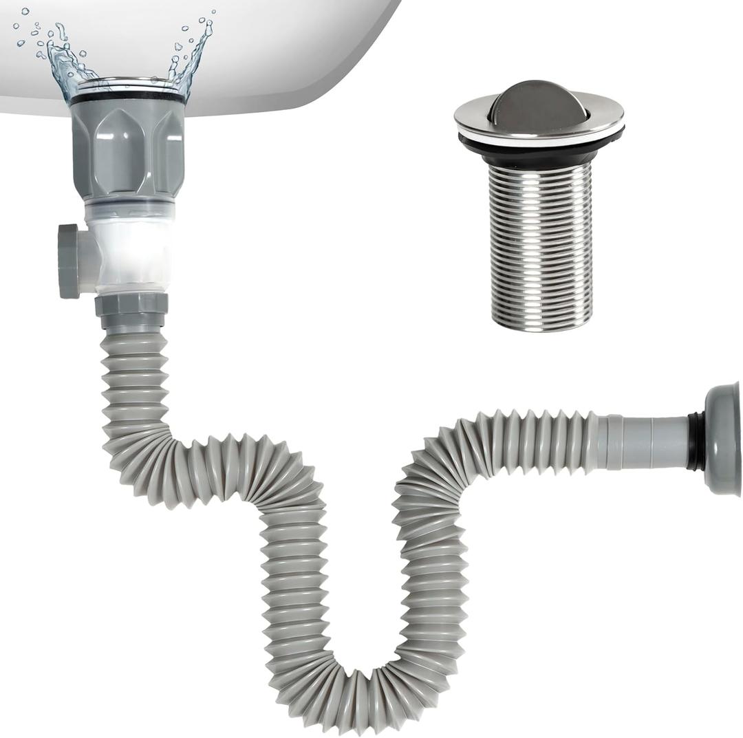 Bathroom Sink Drain Kit, Bathroom Sink Drains with Expandable & Flexible P Trap, Suitable for 1-1/4'' or 1-1/2'' PVC Drain Pipe