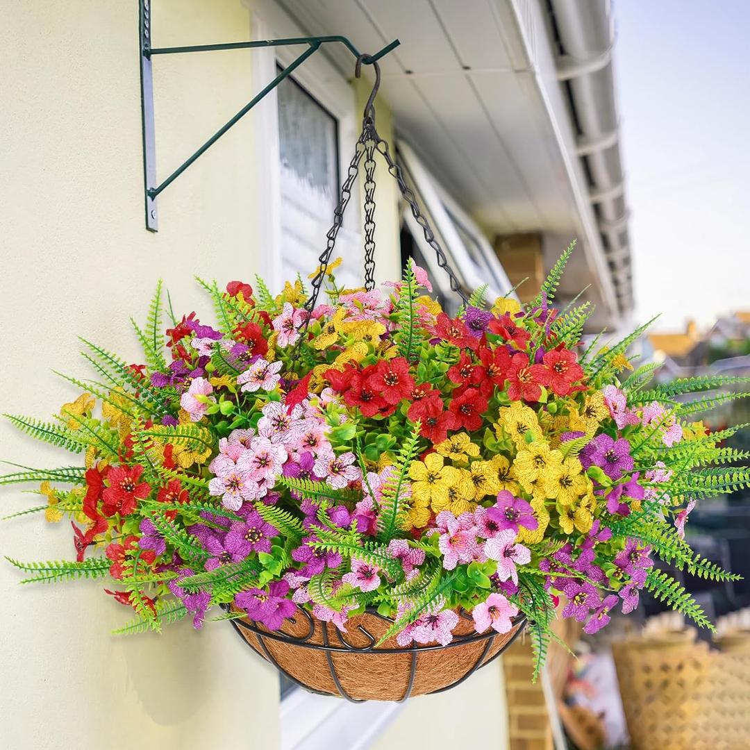 Elyum Artificial Hanging Flowers for Outdoors, UV Resistant Fake Flowers with Hanging Baskets, Artificial Flowers for Decoration Outdoors Garden, Spring Decor for Patio Porch(Mixed Color) (8 Pack, Red+yellow+rose Red+pink)