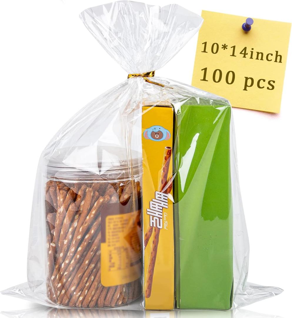 CUDICY 100pcs 10x14 Clear Cellophane Gift Bags with Ties - Versatile Occasion Gift Wrap Bags for Cookie, Candy, Party Favors, Wedding, Birthday, Christmas