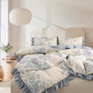 Oli Anderson 3 Piece Floral Comforter Set, Vintage Botanical Print Bedding Set, Farmhouse Lightweight Cottagecore Bed in a Bag with Ruffle Flowers Comforter (Blue, King)