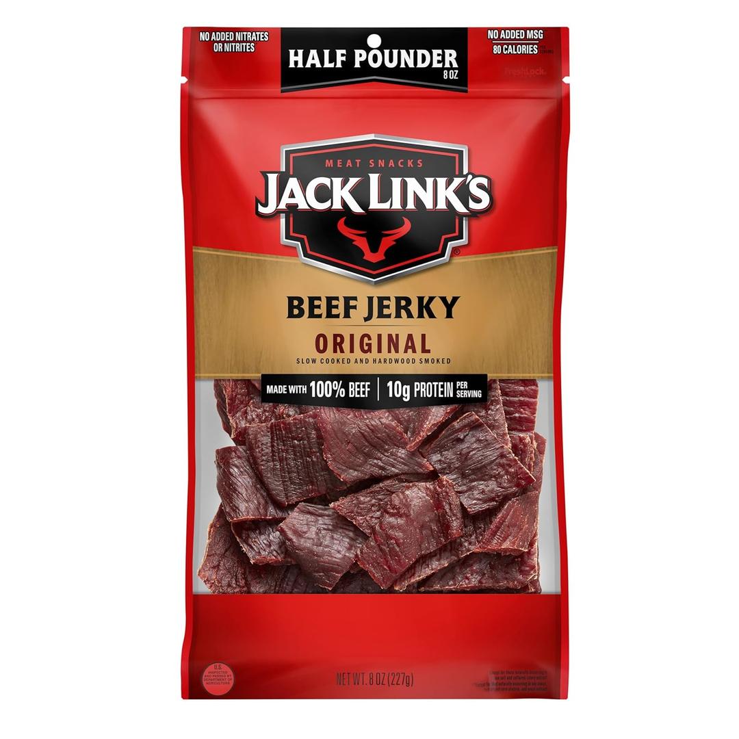 Jack Link's Beef Jerky Half Pounder - Original - Made with 100% Real Beef - Ready to Eat Real Meat Protein Snacks - 10g Protein per Serving - 8 oz Large Jerky Bag