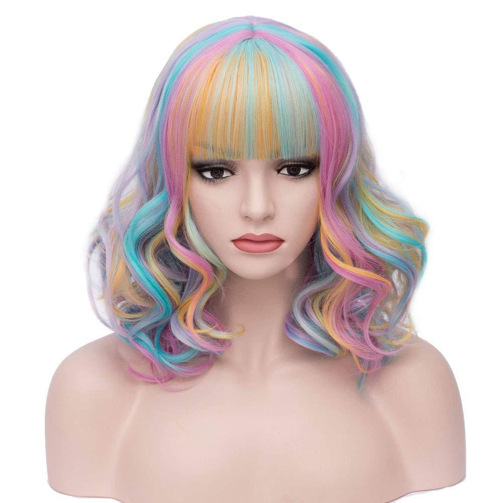 BERON Rainbow Wig Short Curly Wig Women Girl's Synthetic Wigs Rainbow Wigs with Bangs Hairnet Included
