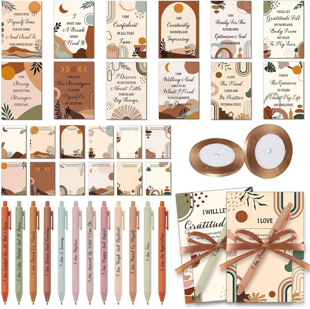 Maitys 24 Sets Thank You Teacher Appreciation Gift for Women Employee Positive Affirmation Gift Inspirational Sticky Note Greeting Cards Pen Ribbon Motivational Notepad for Coworker Office(Boho)