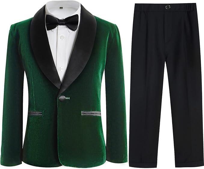 Boys Velvet Suits 2 Pieces Tuxedo Kids Blazer Jacket Pants Formal Ring Bearer Outfit for Wedding Party Prom (6 Years, Green)
