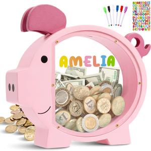 Pamctry Piggy Bank for Kids, Pink Piggy Bank for Girls,Christmas for Kids,DIY Custom Name Coin Bank with Letter Stickers for Birthdays, Christmas