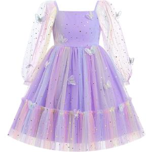 Kids Girls Birthday Party Long Sleeve Star Glitters Tulle Tutu Dress 3D Butterfly Star Sequins Ruffle Dress (8-9 Years, Purple Star Gradient)