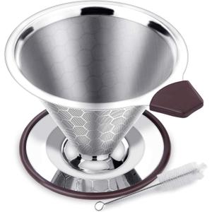 Pour Over Coffee Filter Dripper, Reusable Stainless Steel Metal Drip Coffee Maker Cone, Paperless Permanent Coffee Strainer, Coffee Mesh Filters for 1-4 Cup with Cleaning Brush