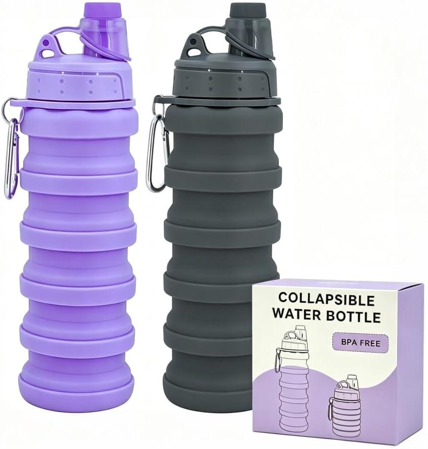 Collapsible Water Bottles Travel water bottle Sports Portable Sport Water Bottle Reusable Water Bottles comes with mountaineering Buckle 500ml silicone Water-proof camping water bottle (Purple+Grey)