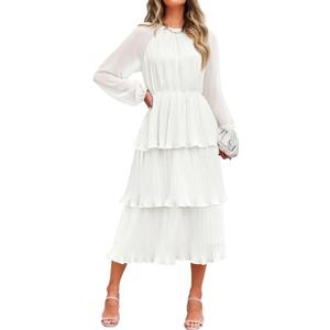 ZESICA Women's 2025 Long Sleeve Crew Neck Ruffle Tiered Layered Chiffon Flowy Swing Long Midi Dress (Large, White)