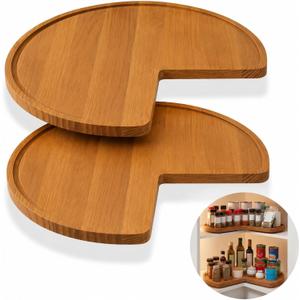 Leinuosen 2 Pcs 28in Banded Pine Wood Full Kidney Shaped Lazy Susan for Corner Base Cabinets with Iron Swivel Bearing for Kitchen Turntables, Not Include Metal Rod(28 Inch,Brown)