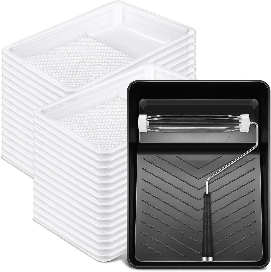 Geelin 50 Pcs 9 Inch Paint Tray Liner Paint Roller Tray 48 Pcs Disposable Paint Pan Tray Paint Roller Frame with Handle for Home Walls Furniture Household Painting Improvement Supplies