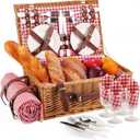 Picnic Basket for 4 Persons with Waterproof Picnic Blanket and Insulated Cooler, Large Wicker Picnic Basket for Camping, Outdoors, Valentine's Day, Christmas, Birthday, Wedding Gift (Red and White Small Plaid)