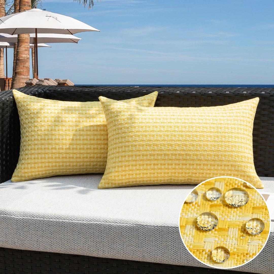 Kevin Textile Outdoor Waterproof Throw Pillow Covers Pack of 2 Farmhouse Decorative Cushion Covers for Garden Patio Tent Balcony Bench Couch Sofa 12x20 Inch, Yellow