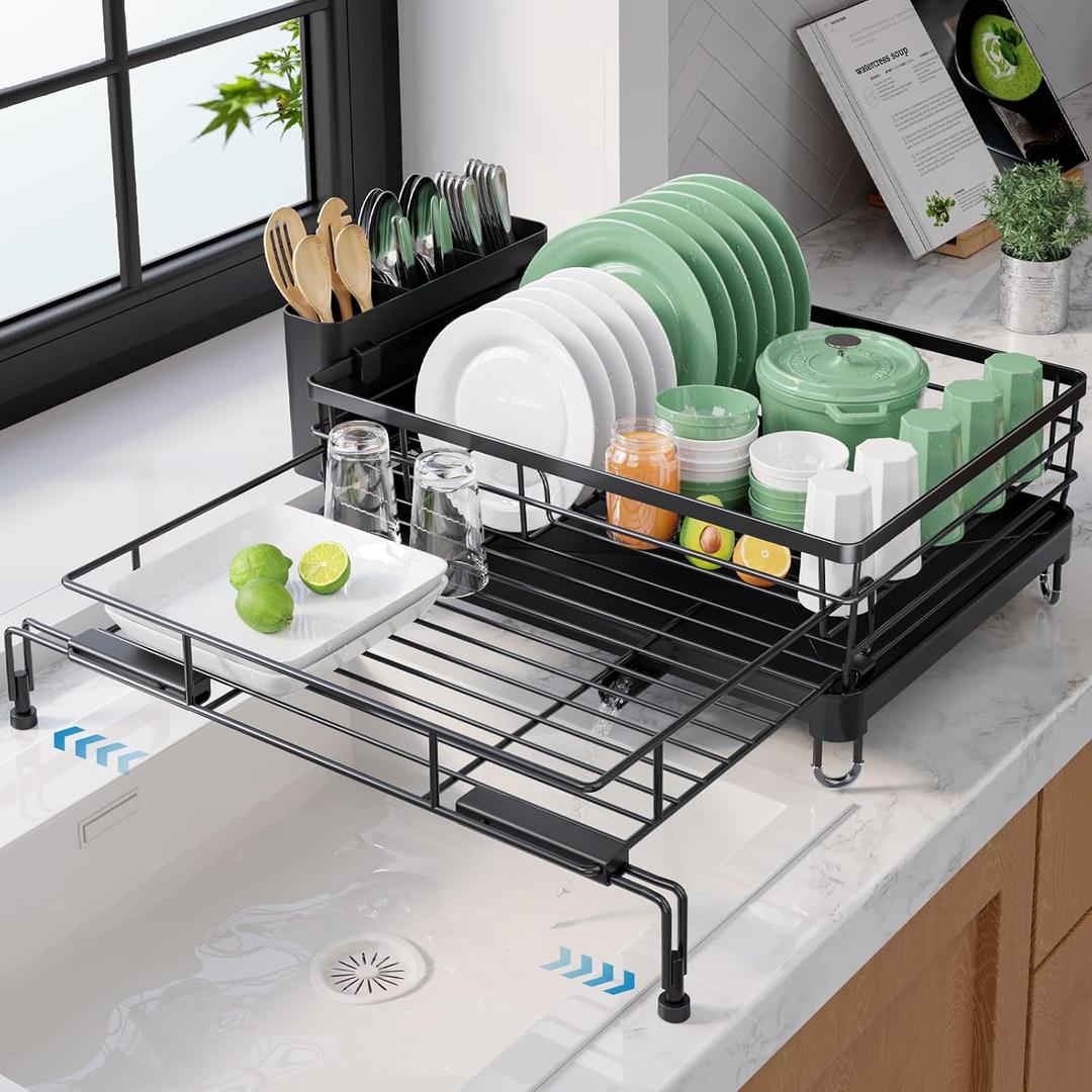 Kitsure Extendable Dish Drying Rack - Rust-Resistant Dish Racks for Kitchen Counter with Adjustable Support Legs, Cutlery Holder & Removable Draining Tray (Black, 15.6''-25.2''L  16.9''W  8.1''H)