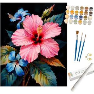 Floral Paint by Numbers Kit for Adults - DIY Hibiscus Flower Painting on Rolled Canvas 16x20 Inches, Acrylic Paint Set, Suitable for Beginners, Tropical Art for Home Decoration or Gifts