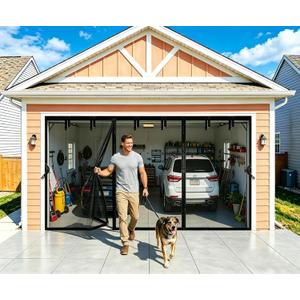 Garage Door Screen for 2 Car Garage 17x7 FT - Magnetic Retractable Fiberglass Mesh 17x7ft & Heavy Duty Weighted Bottom, Include Screws & Repair Patches - Easy Assembly for Patio Workshop Gym