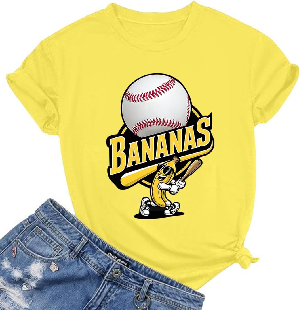 Banana Shirts Baseball Shirt Baseball Player T-Shirts Team Women Baseball Mama Tee Funny Baseball Fan Short Sleeve Top (Yellow) Small