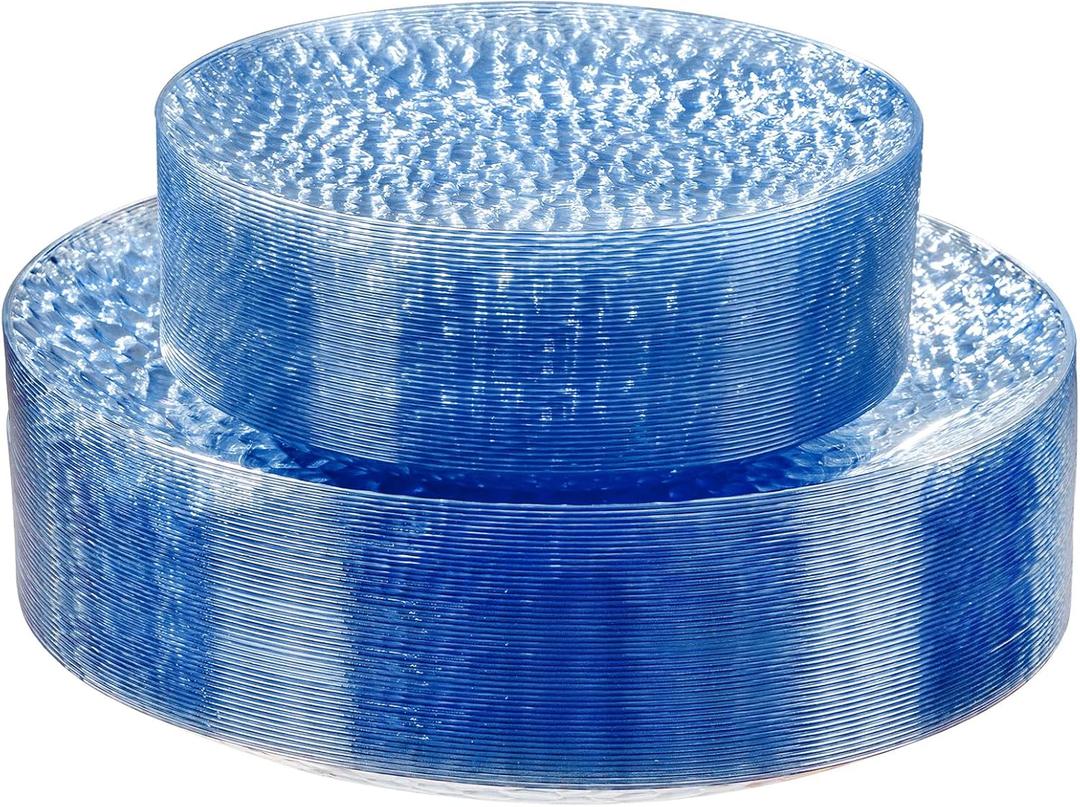 Rubtlamp 60Pcs Plastic Blue Plates, Heavy Duty Disposable Plates, Blue Hammered Party Plate Include 30 Dinner Plate, 30 Dessert Platos, Fancy Disposable Platos For Party Mother‘s Day