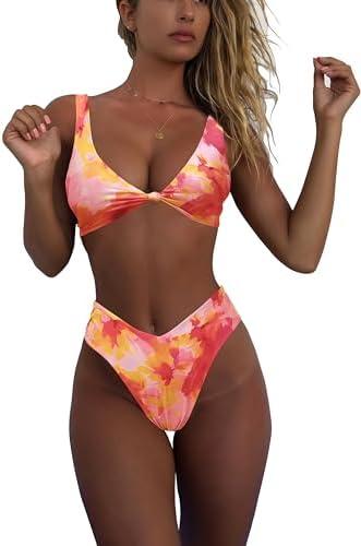 geluboao Bikini Set for Women Solid V Neck Knot Front Push Up High Leg Thong Two Piece Swimsuit, Size: XL