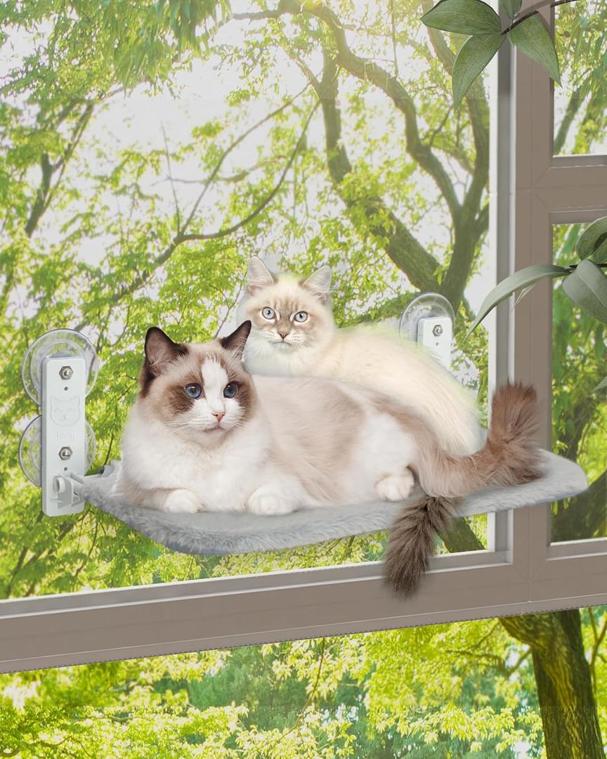 keny Cordless Cat Window Perch, Foldable Cat Window Hammock with 4 Suction Cups, Reversible Cover with Two Different Kinds of Fabrics, 40Lbs Load Capacity Sturdy Cat Window Bed for Cats Inside, Grey (Medium)