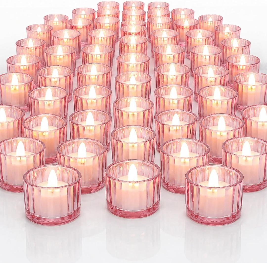 Mumufy 50 Pcs Glass Tealight Candle Holder Ribbed Votive Candle Holder for Centerpiece Wedding Proposal Spa Aromatherapy Meditation Home Decor (Pink)