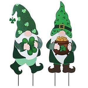 YEAHOME St Patricks Day Decorations Outdoor, 2 Pack Green Gnomes Decorative Garden Stakes for St Patricks Day Decor, Metal Yard Signs for The Home Garden Lawn Patio Decorations