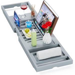 Yirilan Bamboo Bathtub Tray Caddy, 1 or 2 Person Expandable Wooden Bathroom Tray, Luxury Bamboo Bathtub Expandable, Bath Tub Table Caddy with Extending, Grey