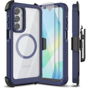 for Samsung Galaxy A16 5G Case, [Transparent & Holster Series] Belt Clip Full Body Shockproof Protective Cell Phone Cover with 2 Pack Tempered Glass Screen Protector (Blue/Clear)
