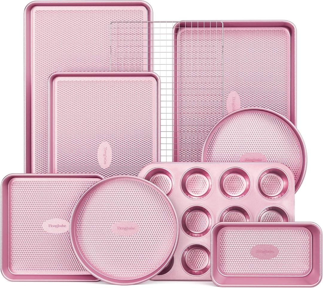 HONGBAKE 9-Piece Baking Pans Set Nonstick, Stackable Non Toxic Bakeware Sets with Diamond Texture, Oven Pan Set for Cooking, Includes Cookie Sheet with Rack, Cake Pan, Roasting Pan, Muffin Tin, Pink