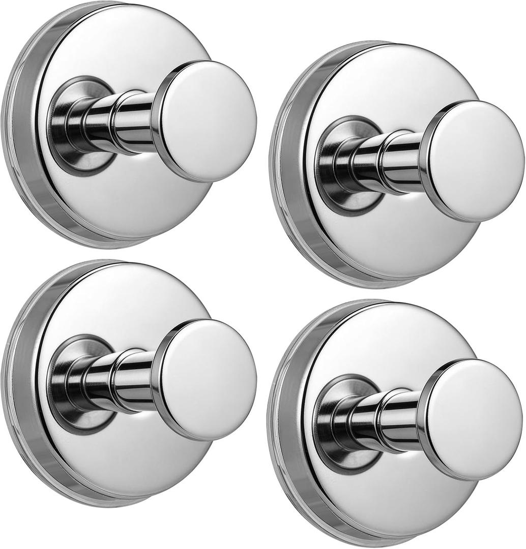 Suction Cup Hooks for Shower No-Drill Bathroom Hooks for Towels, Robes, Loofah Mountable on Bathroom Walls, Kitchen, Glass, Mirrors, Tile and Smooth,Non-Porous Surfaces (4, Chrome Polished)