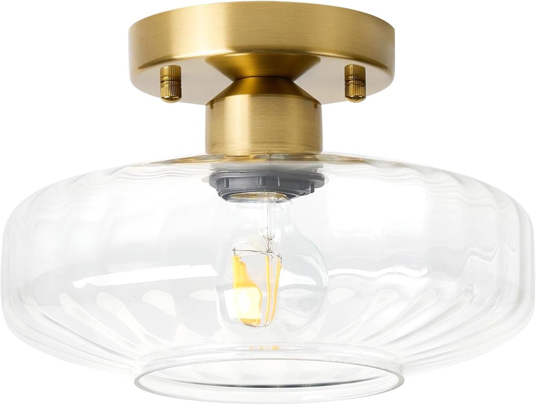 Ceiling Light Fixture with Textured Glass, 10 inch,Gold Finish,E26 Socket,Semi Flush Mount Ceiling Light for Hallway, Porch,Kitchen