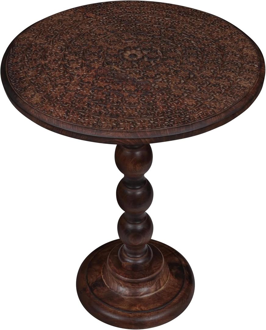 Side Tables Round – Small Drink Table for Small Spaces, Modern Accent Nightstand with Hand-Carved Top & Solid Wood Tables for Living Room, Bedroom, Office – Scorch Burnt Finish_18x22 Scorch Burnt, 18x22 - Pillar Table
