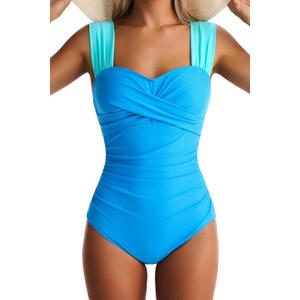 Womens One Piece Swimsuits Tummy Control Bathing Suits Modest Full Coverage Swimsuit Wide Straps Swimwear (Large, Blue)