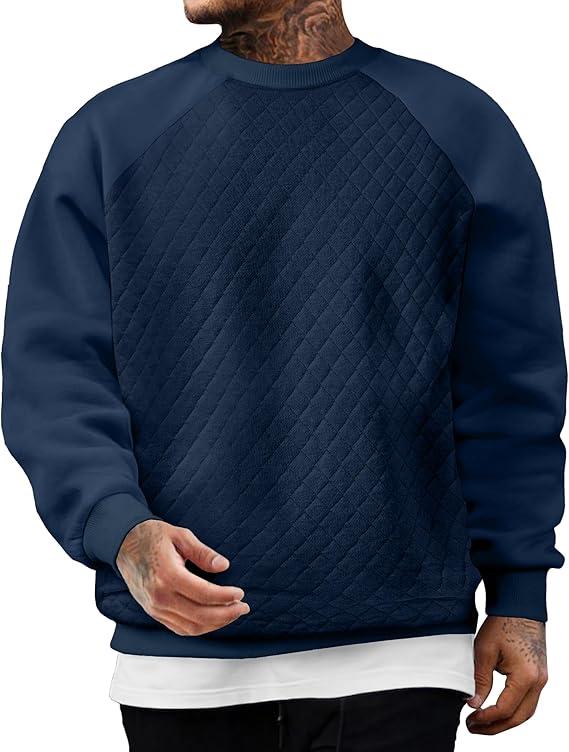 JMIERR Men's 2025 Casual Crewneck Dress Sweatshirts Pullover Fall Fleece Diamond Texture Warm Winter Comfy Long Sleeve, S, Blue