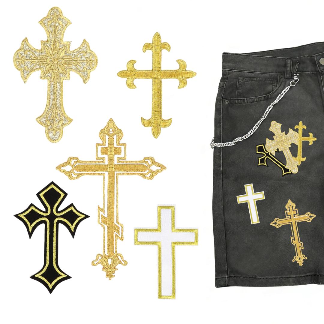 5 x Silvery Cross Patches Iron On Embroidery Applique Patch, (5-Pack) Religious DIY Decor Patches for Clothing Jeans Jackets Backpacks Hats Shirts Easter DIY Crafts