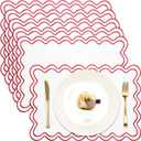 Set of 6 Cotton Linen Placemats, 13x19 Inch Scalloped Wavy Embroidery Placemat Double Layered Washable Rustic Rectangle Dinner Table Mats for Wedding Home Decor(White with Red)